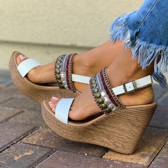 White Leather Boho Embellished Wedge Sandal - Picture 8 of 8